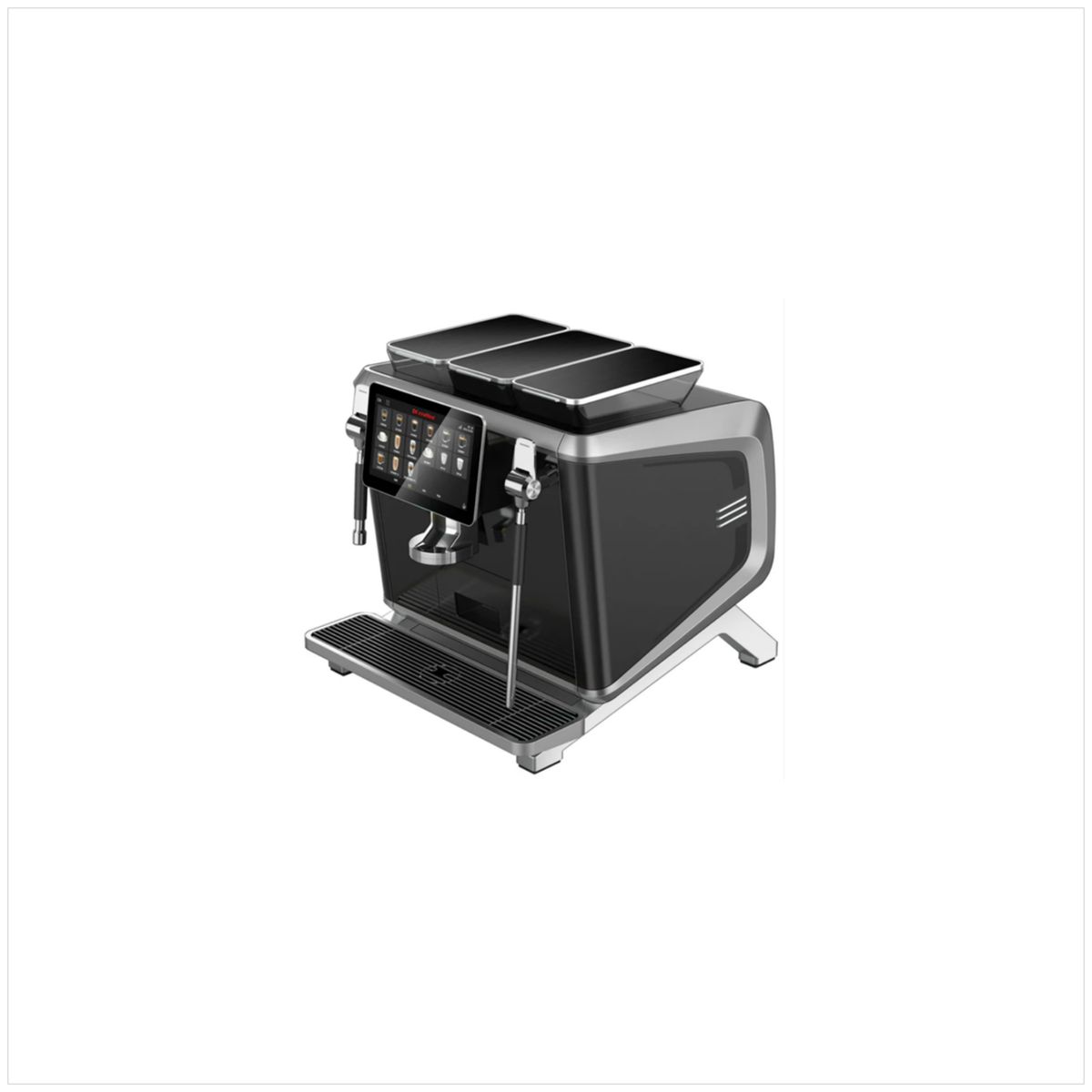 Dr Coffee Castle coffee machine, angled view showing the top container lids, touchscreen and silver-trimmed side panel.
