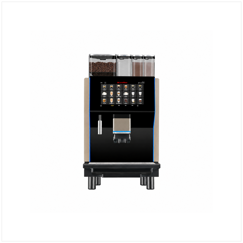A modern automatic coffee machine with a glossy black body, digital touch screen interface, and two transparent bean storage containers on top, shown against a plain white background.