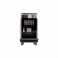 A modern automatic coffee machine with a glossy black body, digital touch screen interface, and two transparent bean storage containers on top, shown against a plain white background.