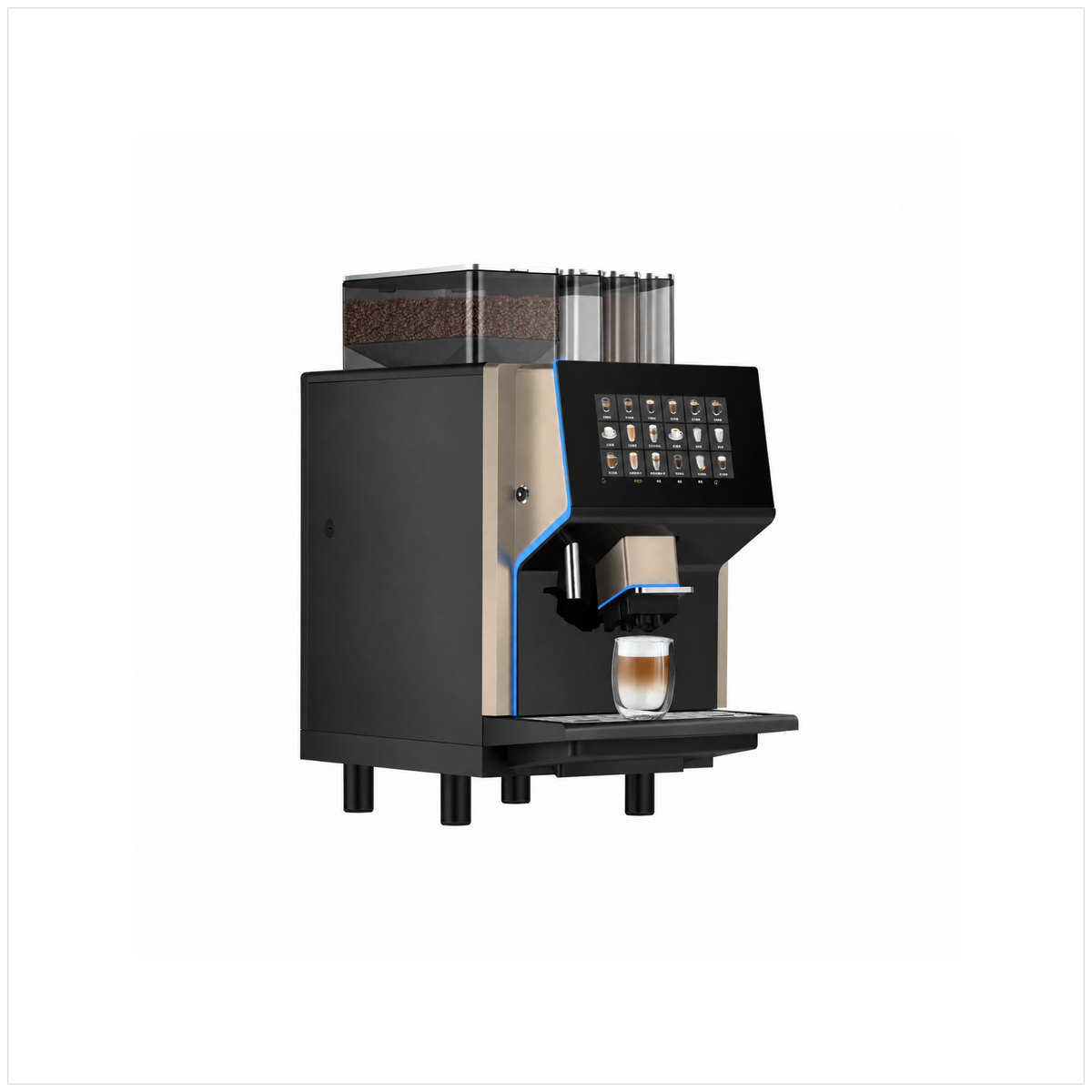 Dr Coffee Coffee Center machine, angled front view with touchscreen, blue-lit trim and a latte on the drip tray.
