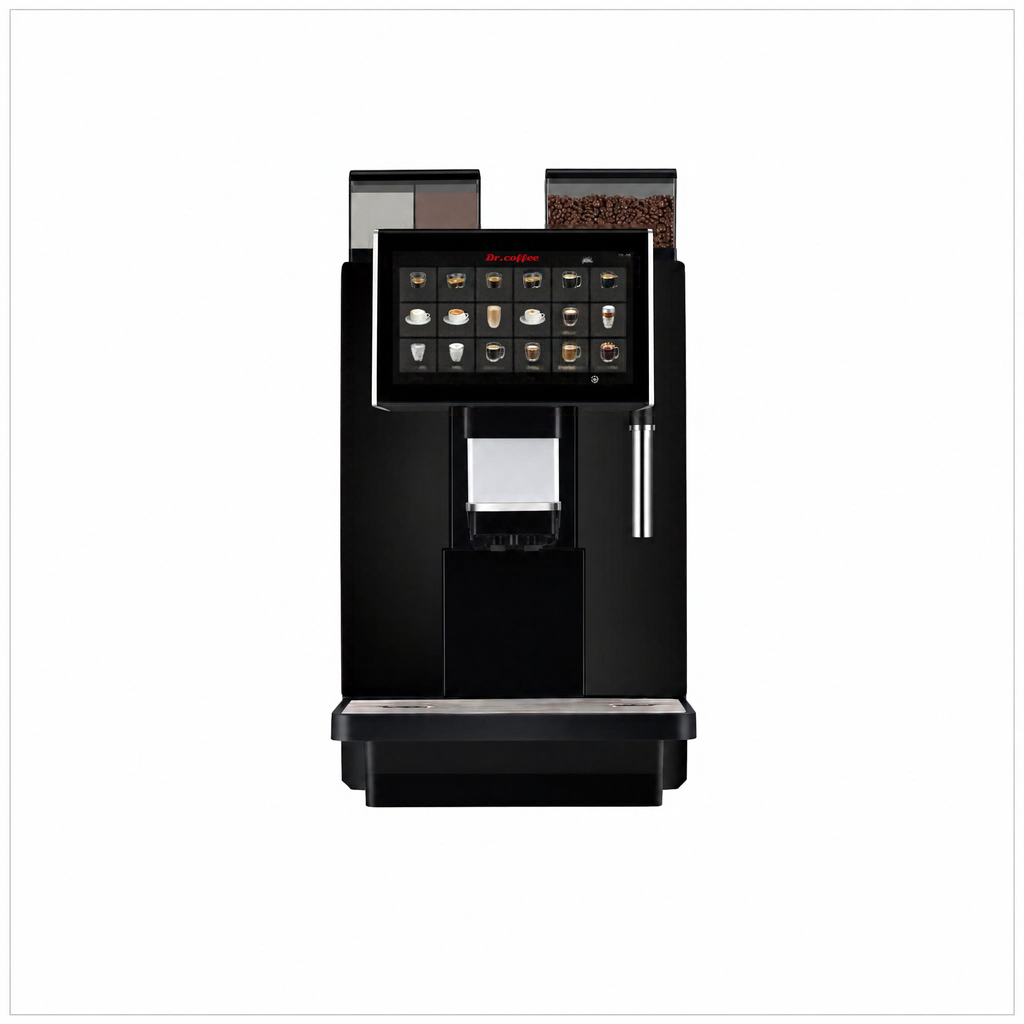 Dr Coffee Coffee Zone machine, front view showing the touchscreen, bean hopper and empty drip tray.
