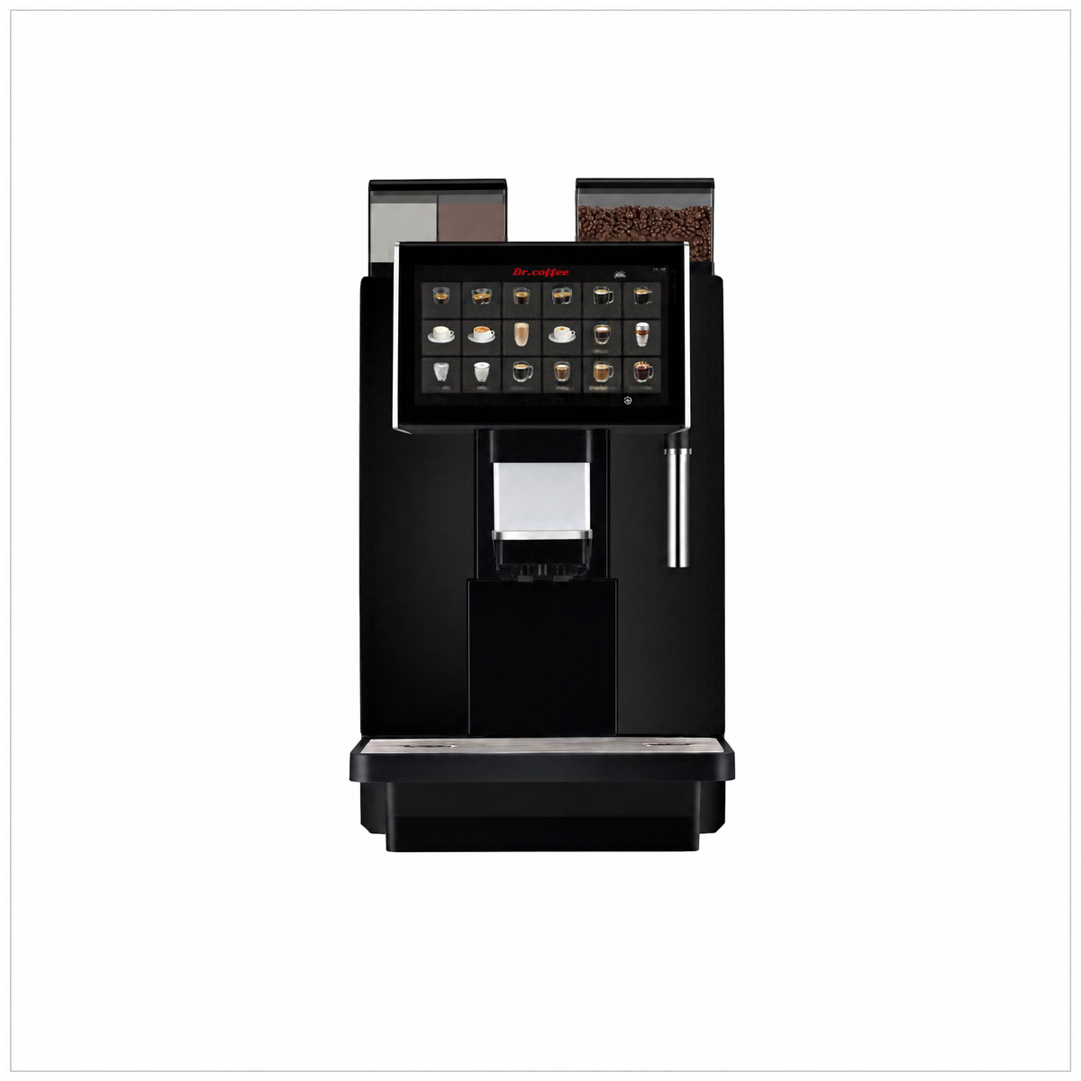 Dr Coffee Coffee Zone machine, front view showing the touchscreen, bean hopper and empty drip tray.
