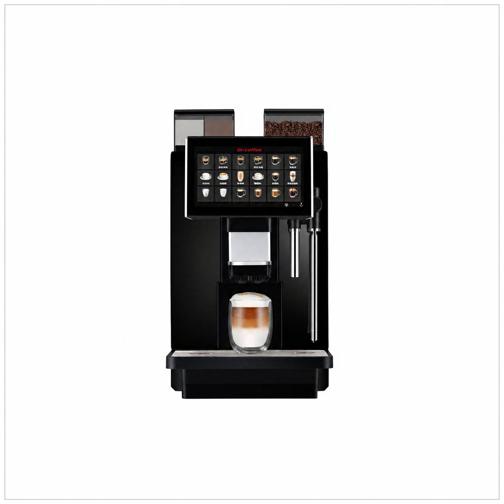 Dr Coffee Coffee Zone machine, front view with touchscreen, ingredient containers and a glass of latte.
