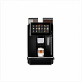 Dr Coffee Coffee Zone machine, front view with touchscreen, ingredient containers and a glass of latte.
