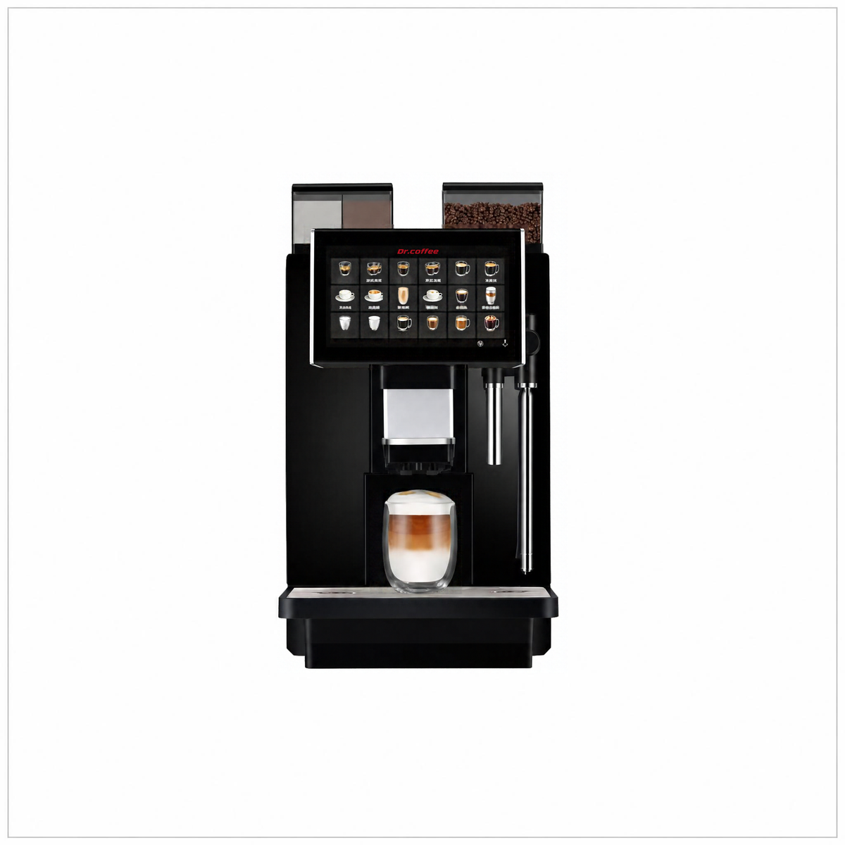 Dr Coffee Coffee Zone machine, front view with touchscreen, ingredient containers and a glass of latte.
