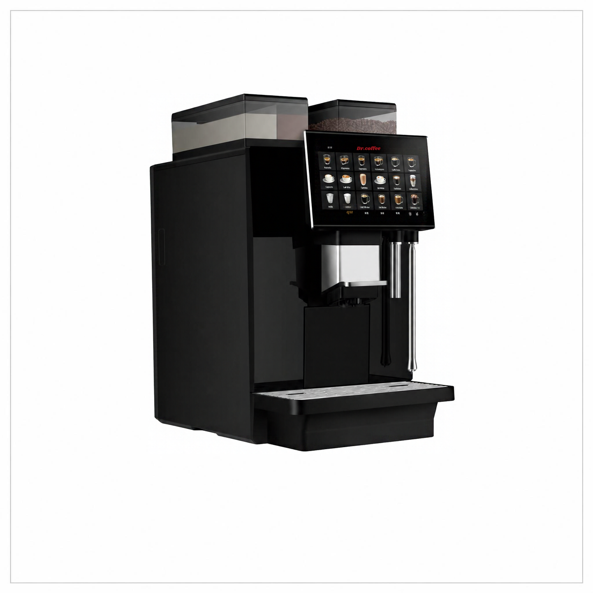 Dr Coffee Coffee Zone machine, angled view showing ingredient containers, dispensing spout and empty drip tray.
