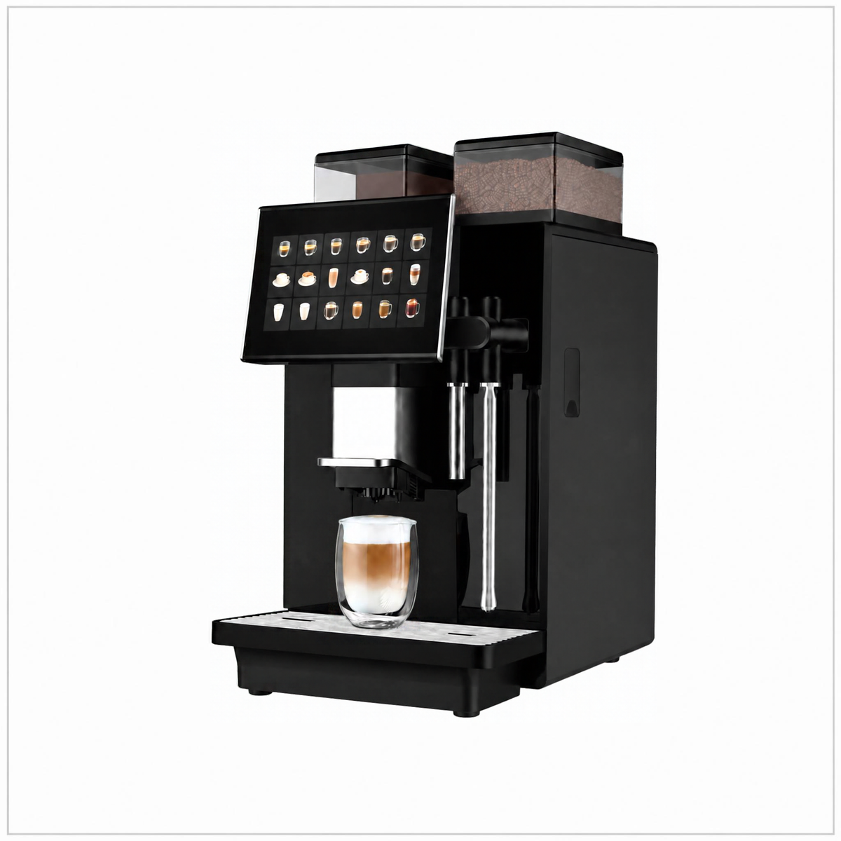 Dr Coffee Coffee Zone machine, angled front view with touchscreen, steam wand and a latte on the drip tray.
