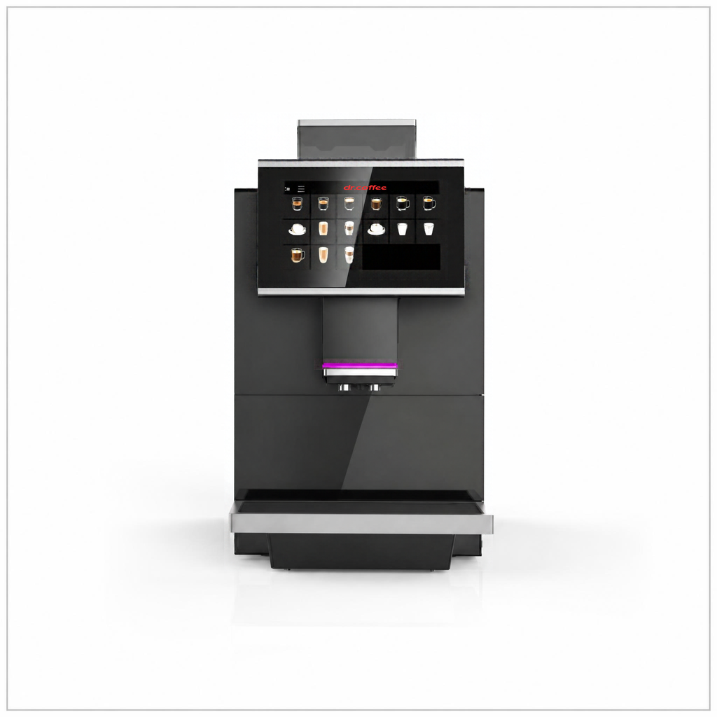 Dr Coffee F15 coffee machine, front view showing the touchscreen, purple-lit dispensing spout and drip tray.