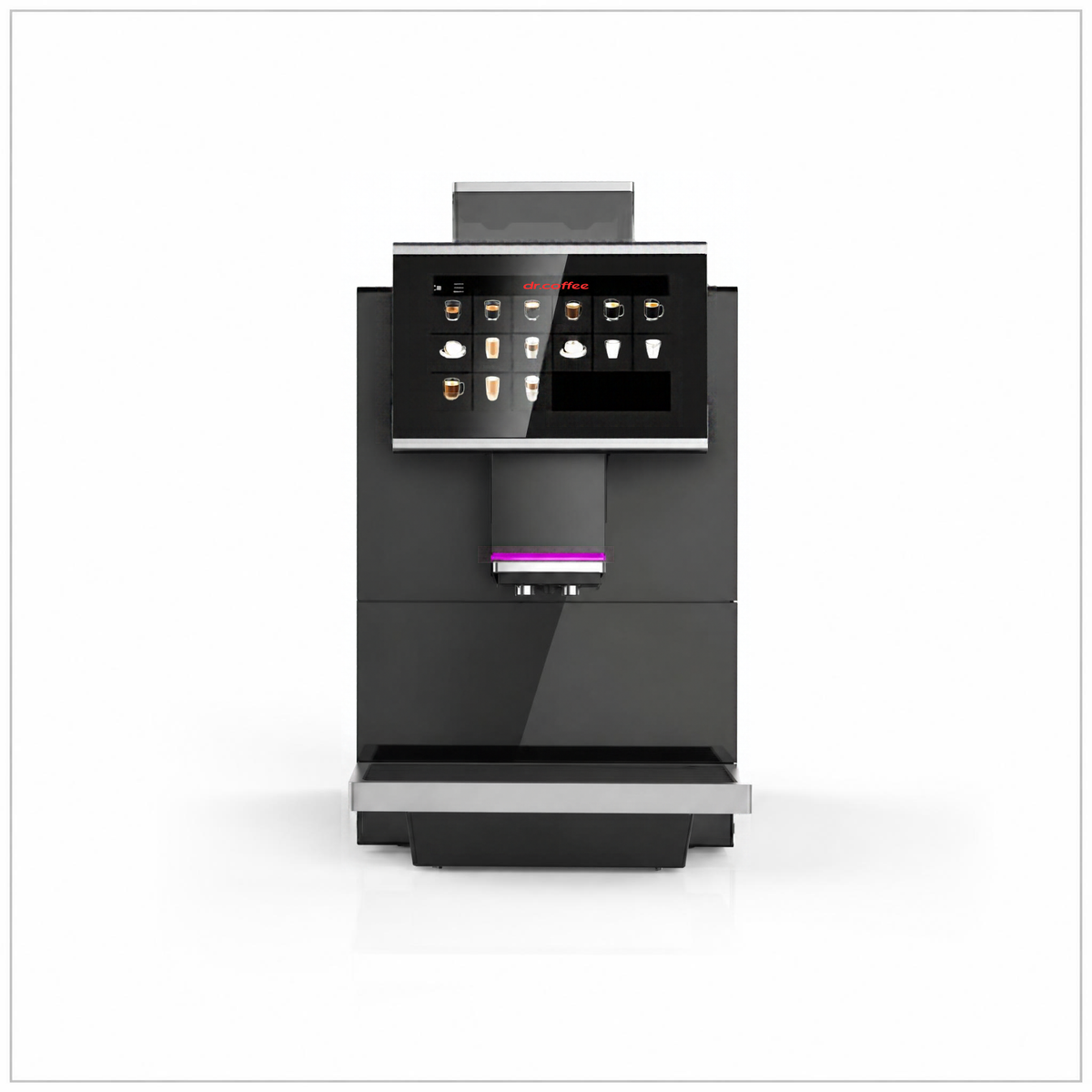 Dr Coffee F15 coffee machine, front view showing the touchscreen, purple-lit dispensing spout and drip tray.