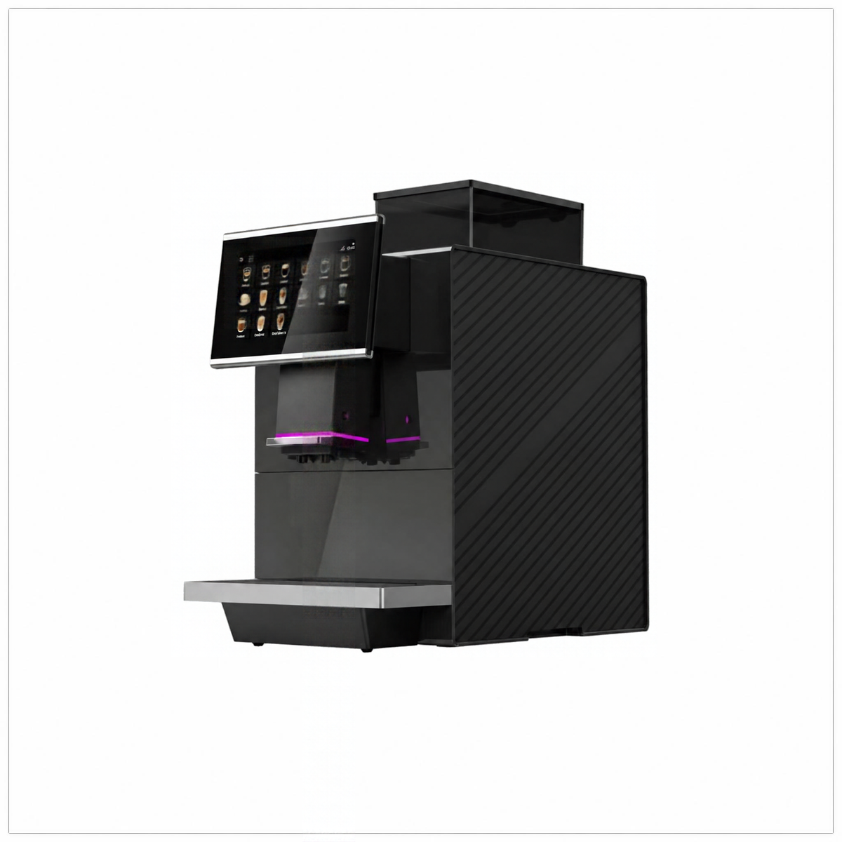 Dr Coffee F15 coffee machine, angled front view showing the bean hopper, touchscreen and textured side panel.
