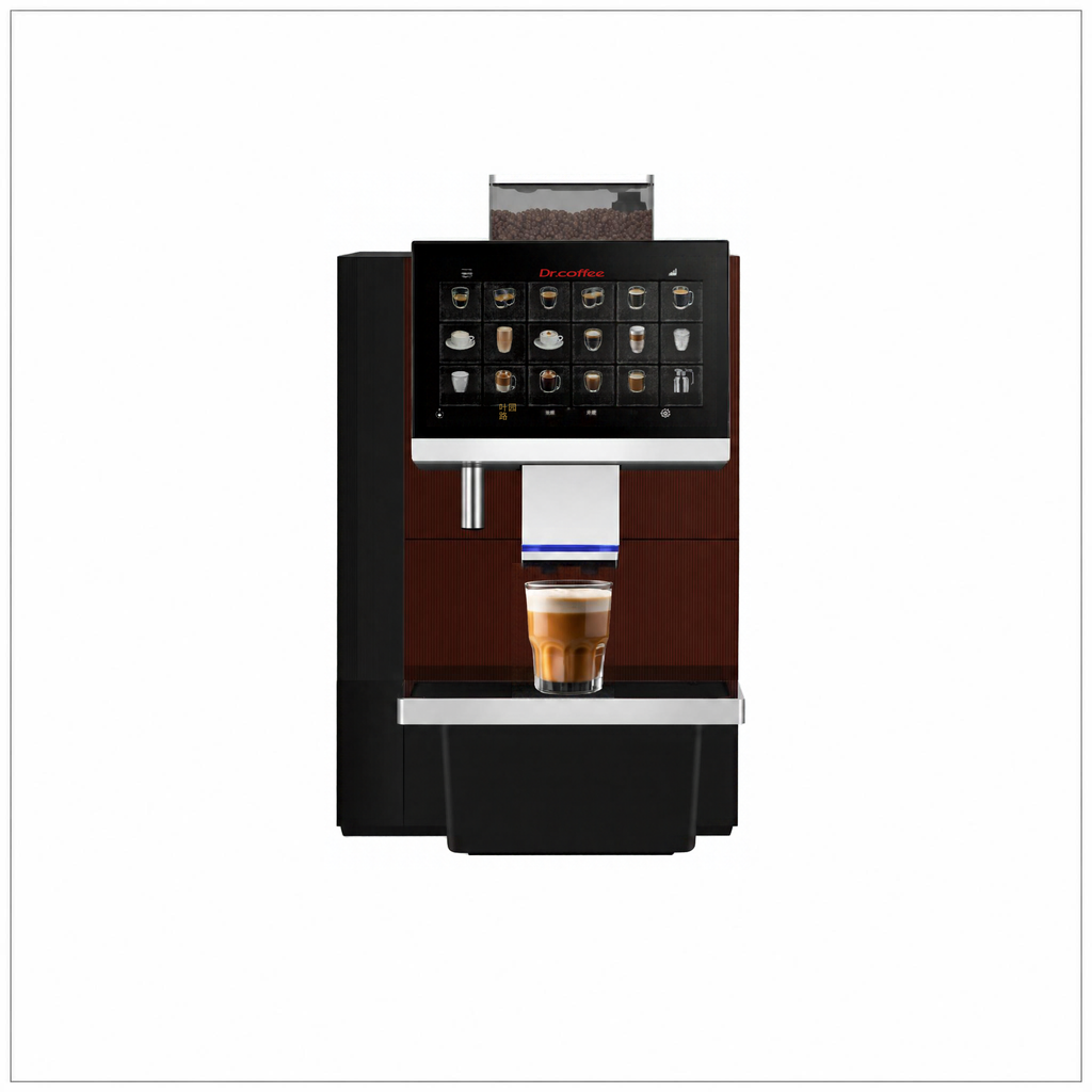 Dr Coffee F16 coffee machine, front view with touchscreen, blue-lit dispensing spout and a glass of latte.