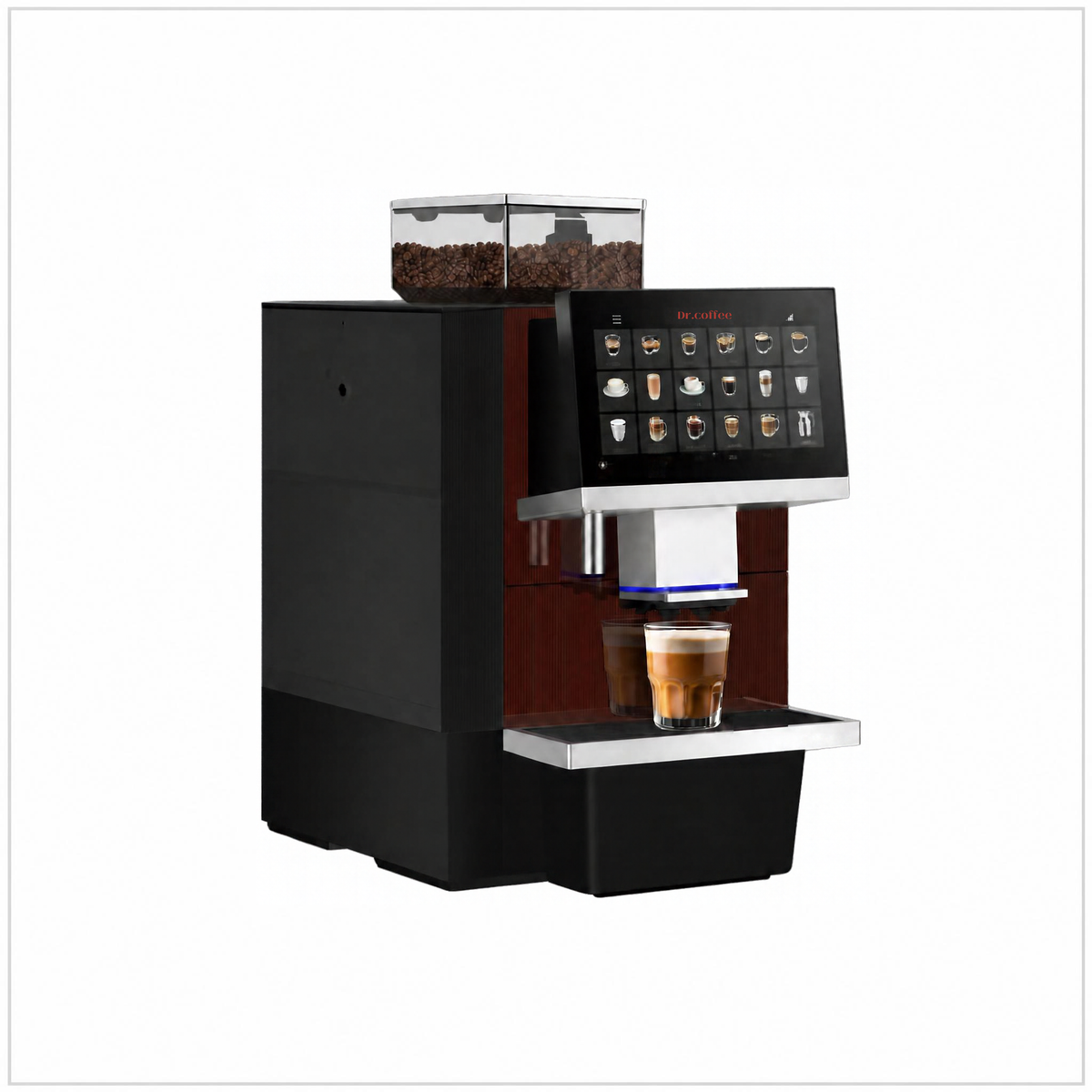 Dr Coffee F16 coffee machine, angled front view showing the bean hopper, touchscreen and a latte on the drip tray.
