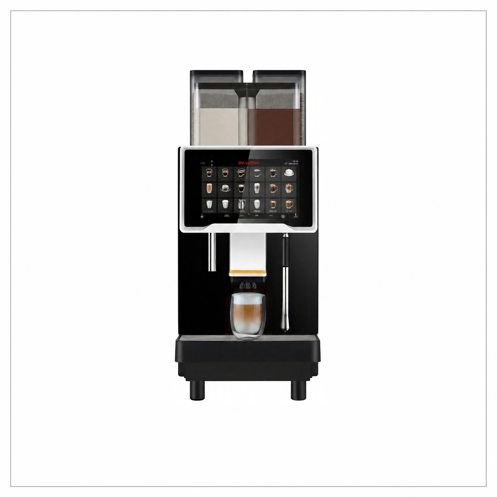 Dr Coffee F30 coffee machine, front view with ingredient containers above the touchscreen and a latte beneath the spout.
