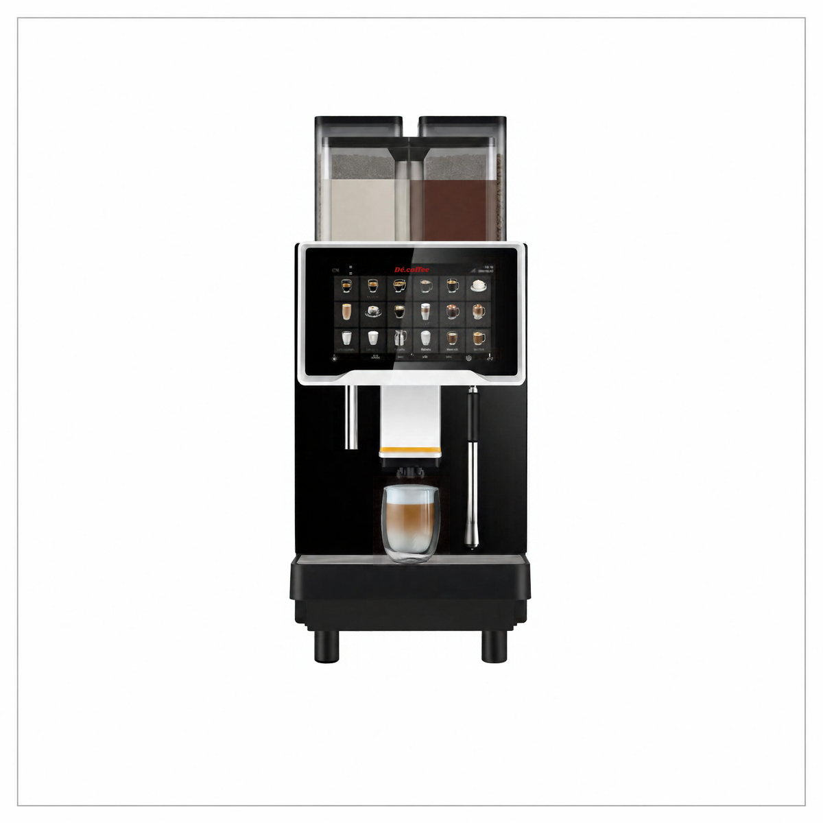 Dr Coffee F30 coffee machine, front view with ingredient containers above the touchscreen and a latte beneath the spout.
