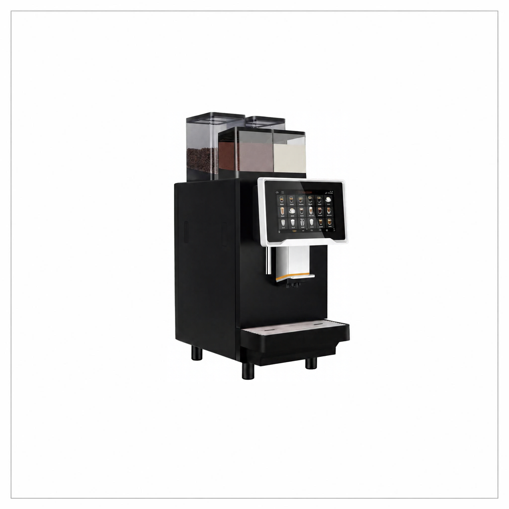 Dr Coffee F30 coffee machine, angled view showing ingredient containers, touchscreen and dispensing spout.
