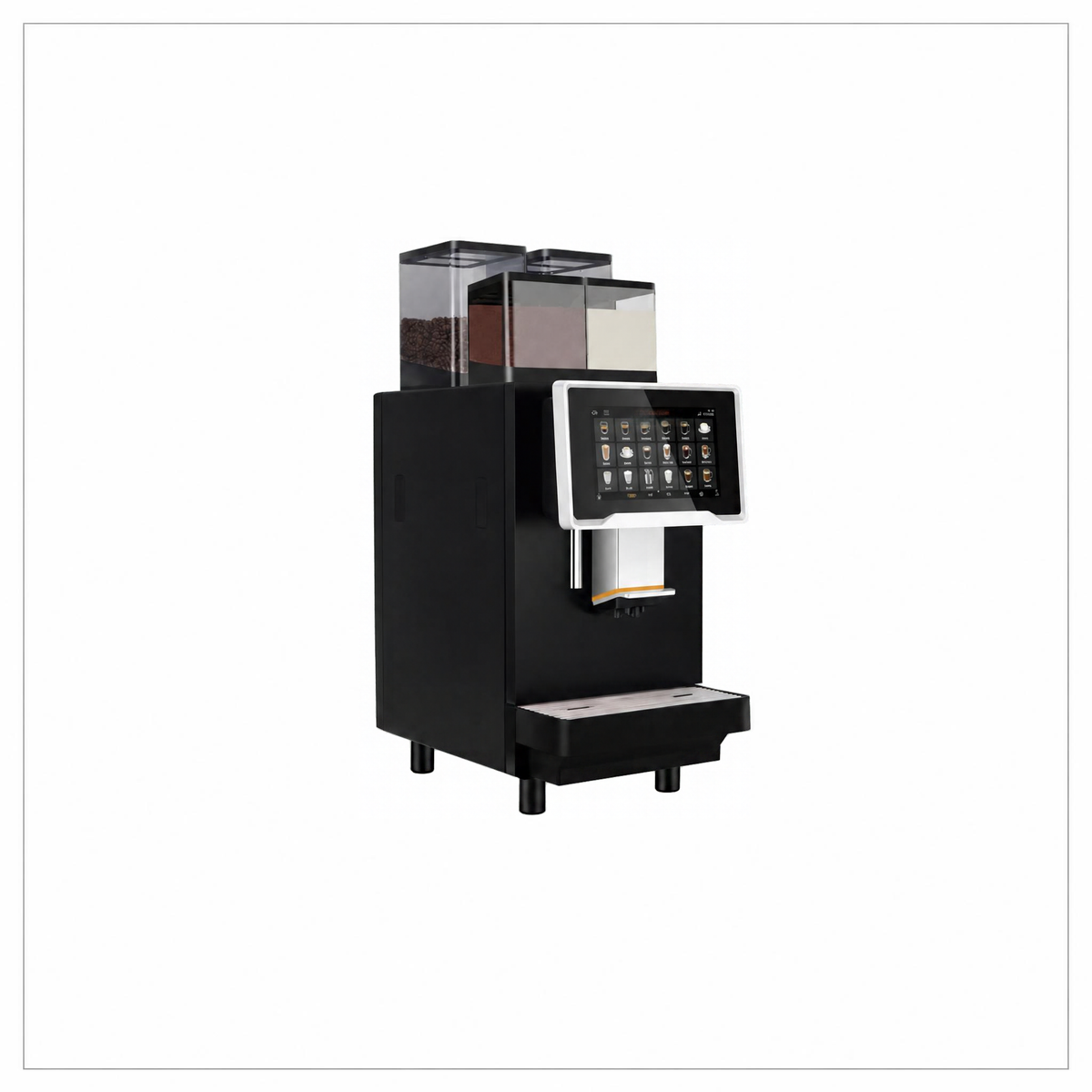 Dr Coffee F30 coffee machine, angled view showing ingredient containers, touchscreen and dispensing spout.
