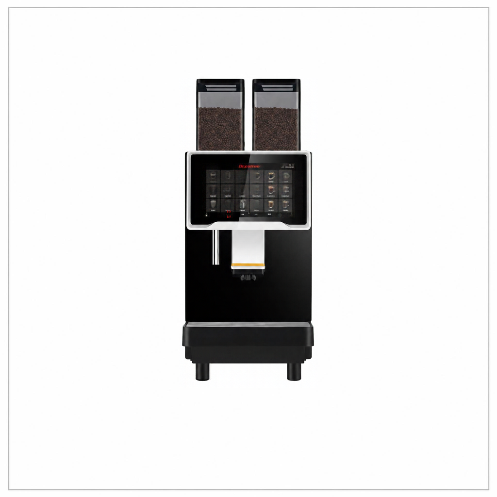 Dr Coffee F30 coffee machine, front view showing twin bean hoppers, touchscreen and empty drip tray.