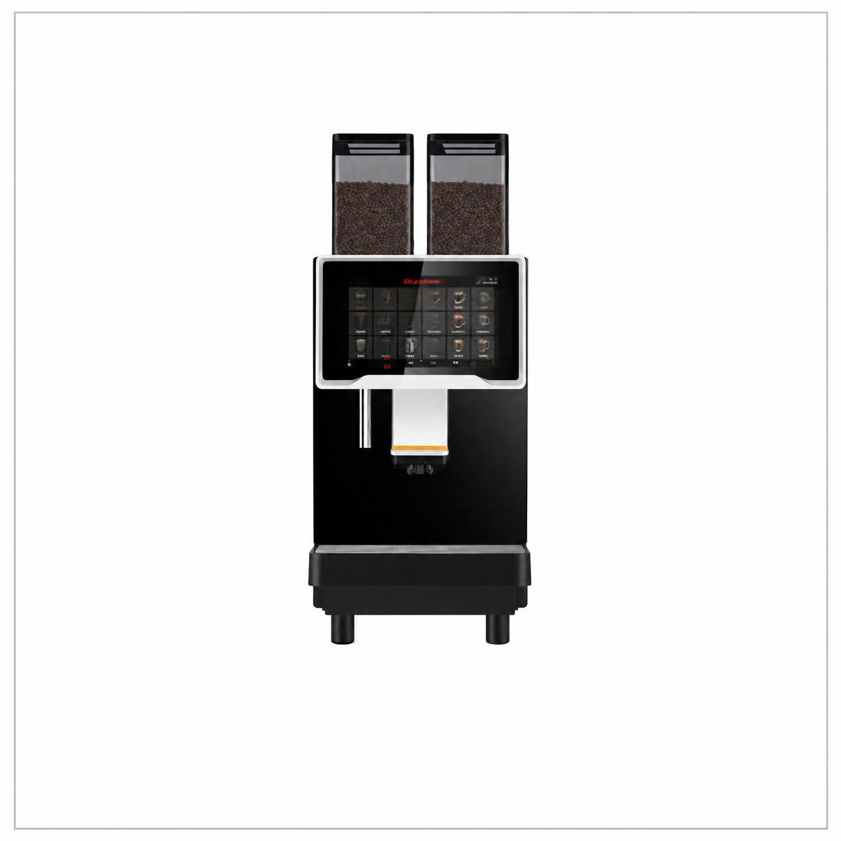 Dr Coffee F30 coffee machine, front view showing twin bean hoppers, touchscreen and empty drip tray.