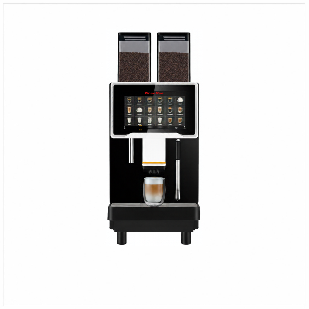 Dr Coffee F30 coffee machine, front view with twin bean hoppers, touchscreen and a glass of latte.
