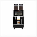 Dr Coffee F30 coffee machine, front view with twin bean hoppers, touchscreen and a glass of latte.
