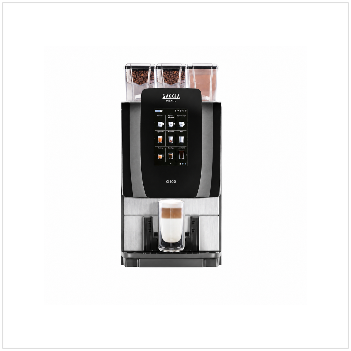A Gaggia G1800 automatic coffee machine in black and stainless steel, shown from a front-facing perspective on a solid white background. A glass of espresso with milk is visible in the drip tray.