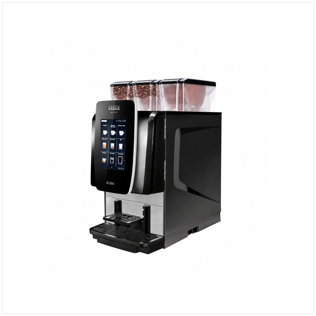 A sleek, modern Gaggia G100 coffee machine with a black and stainless steel body, featuring a digital touch screen, two transparent bean storage containers filled with coffee beans, and a drip tray at the base, set against a plain white background.