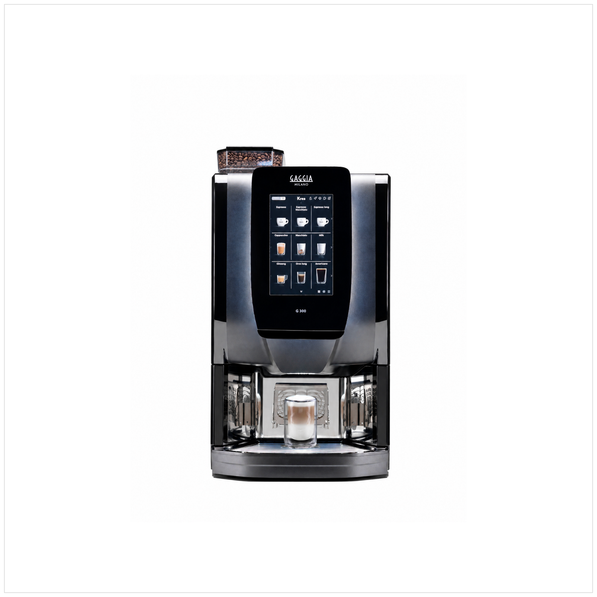 Gaggia G300 bean-to-cup coffee machine, front view with touchscreen, bean hopper and latte glass.

