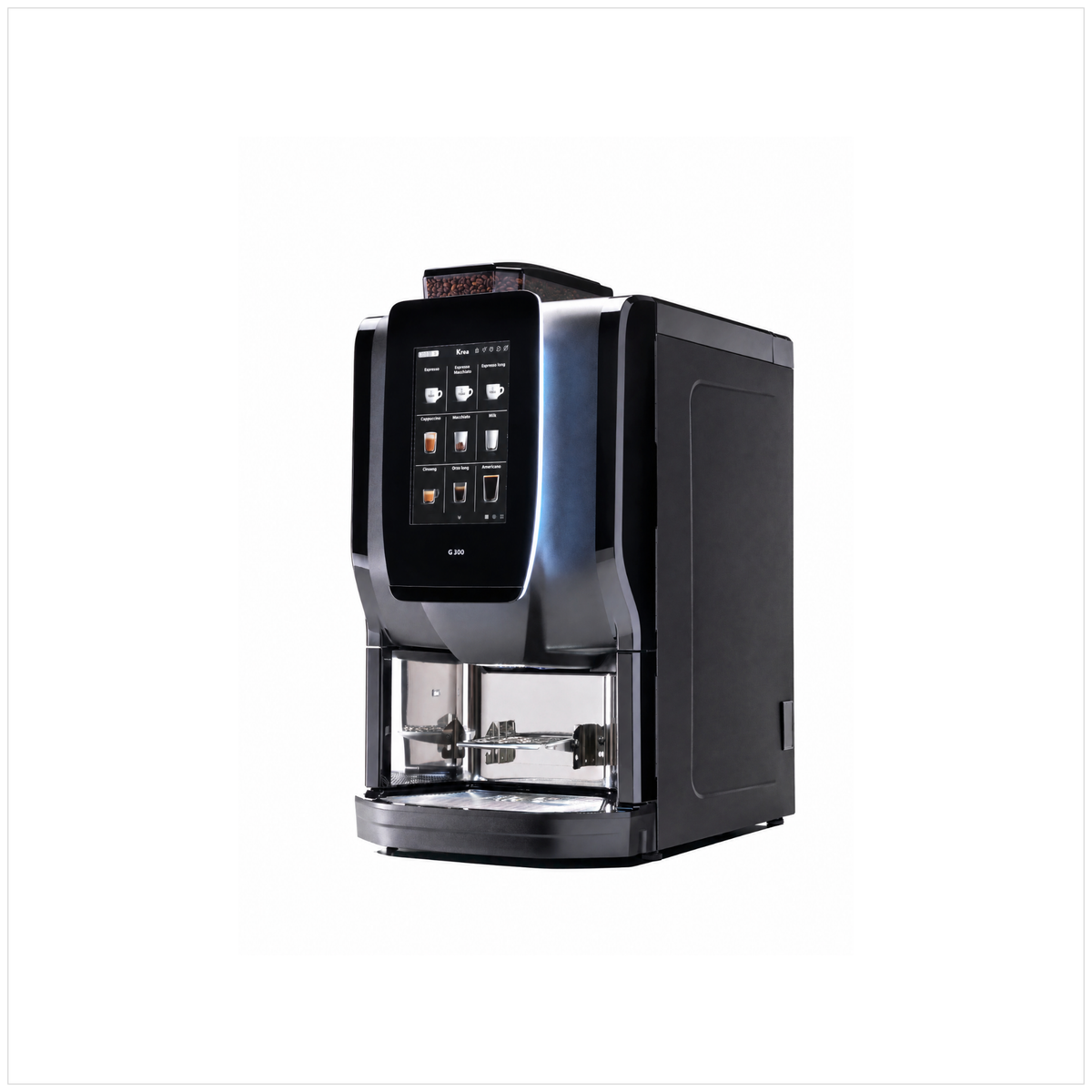 Gaggia G300 bean-to-cup coffee machine, angled view showing touchscreen, bean hopper and dispensing area.