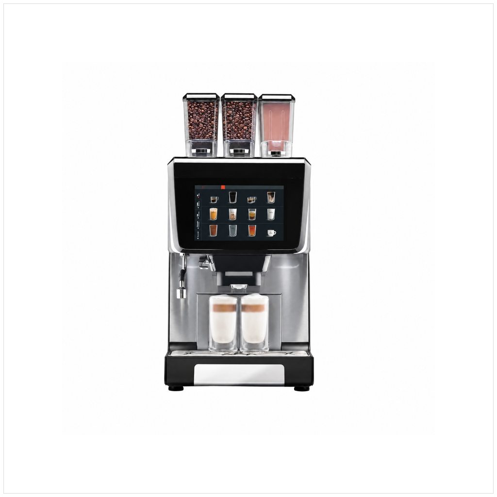 The G500 a modern automatic espresso machine with a stainless steel and black body, featuring a large touch screen and two glass cups filled with coffee on the drip tray, set against a plain white background.