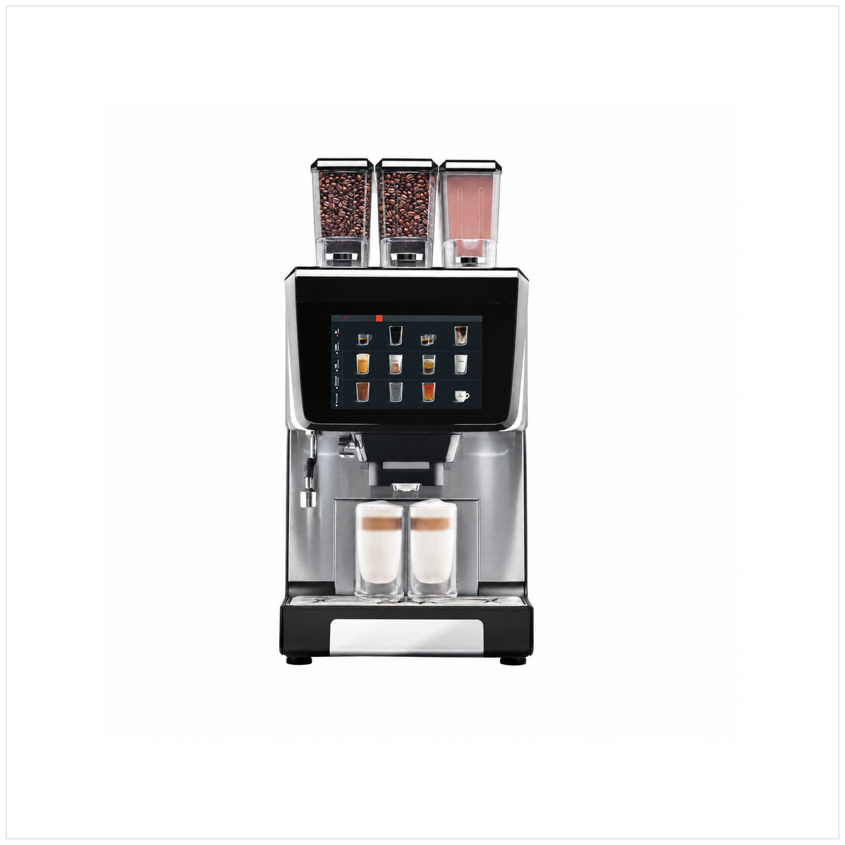 The G500 a modern automatic espresso machine with a stainless steel and black body, featuring a large touch screen and two glass cups filled with coffee on the drip tray, set against a plain white background.