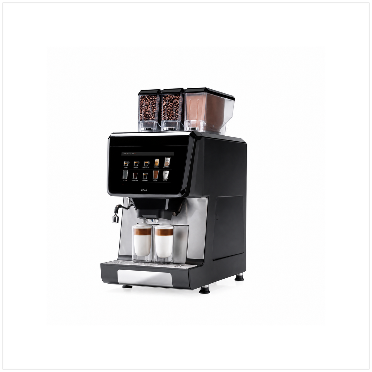 A modern commercial espresso machine with a black and stainless steel body, featuring two bean hoppers on top, a digital touch screen interface, and two glass cups filled with coffee on the drip tray, set against a plain white background.