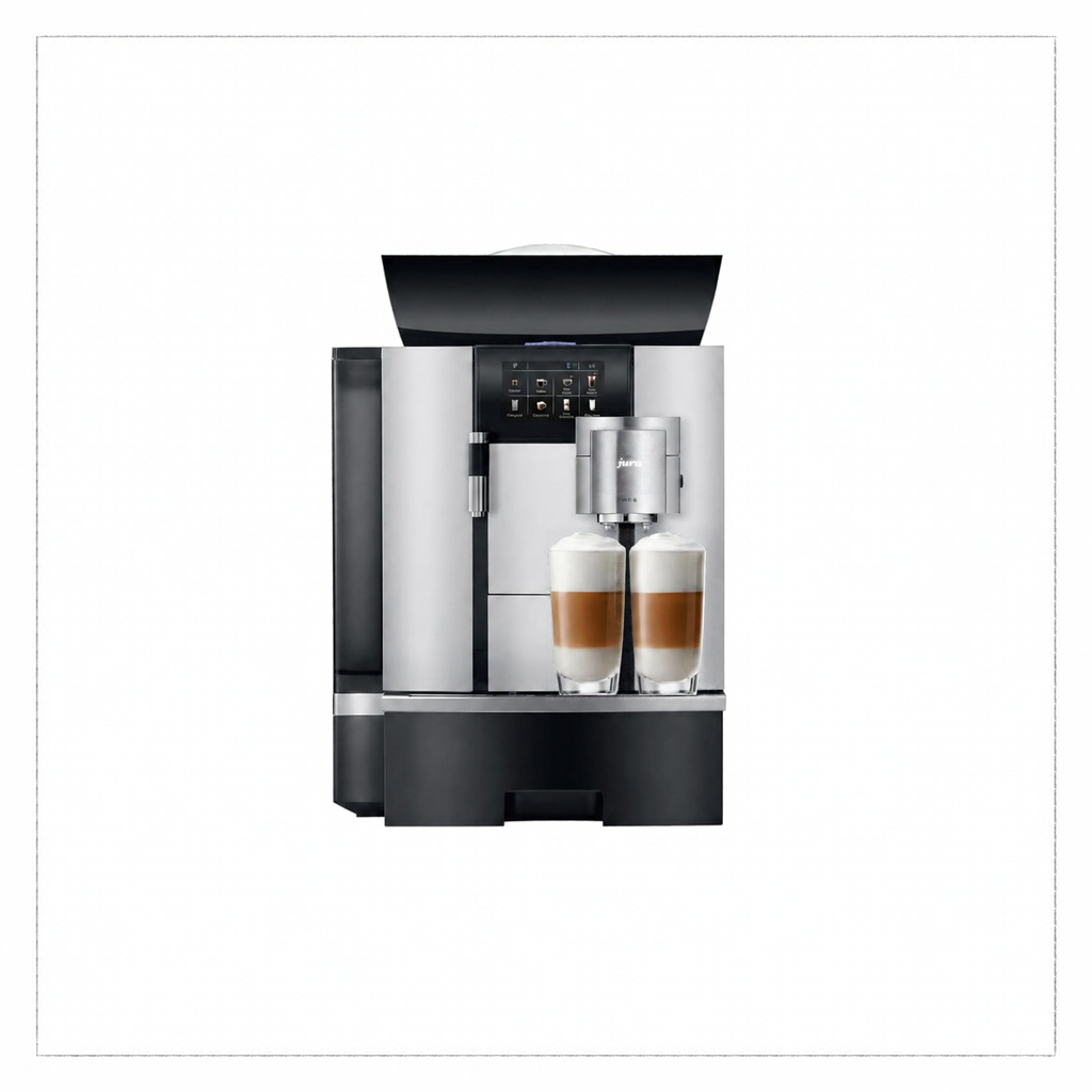 A modern automatic espresso machine in silver and black, shown with two tall glasses of latte macchiato on a clean white background.