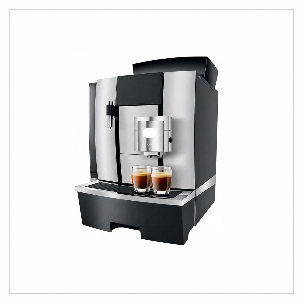 A modern commercial espresso machine in black and stainless steel, shown with two glasses of espresso on its drip tray against a plain white background.