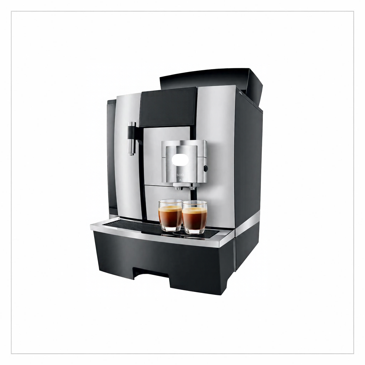 A modern commercial espresso machine in black and stainless steel, shown with two glasses of espresso on its drip tray against a plain white background.