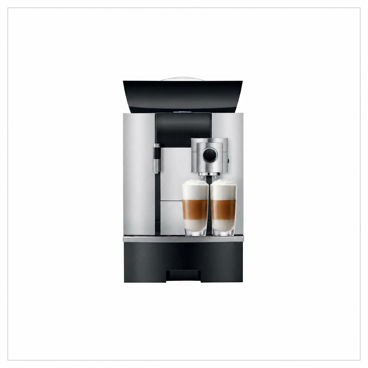 A modern automatic coffee machine in silver and black, shown with two tall glasses of layered latte macchiato on a plain white background.