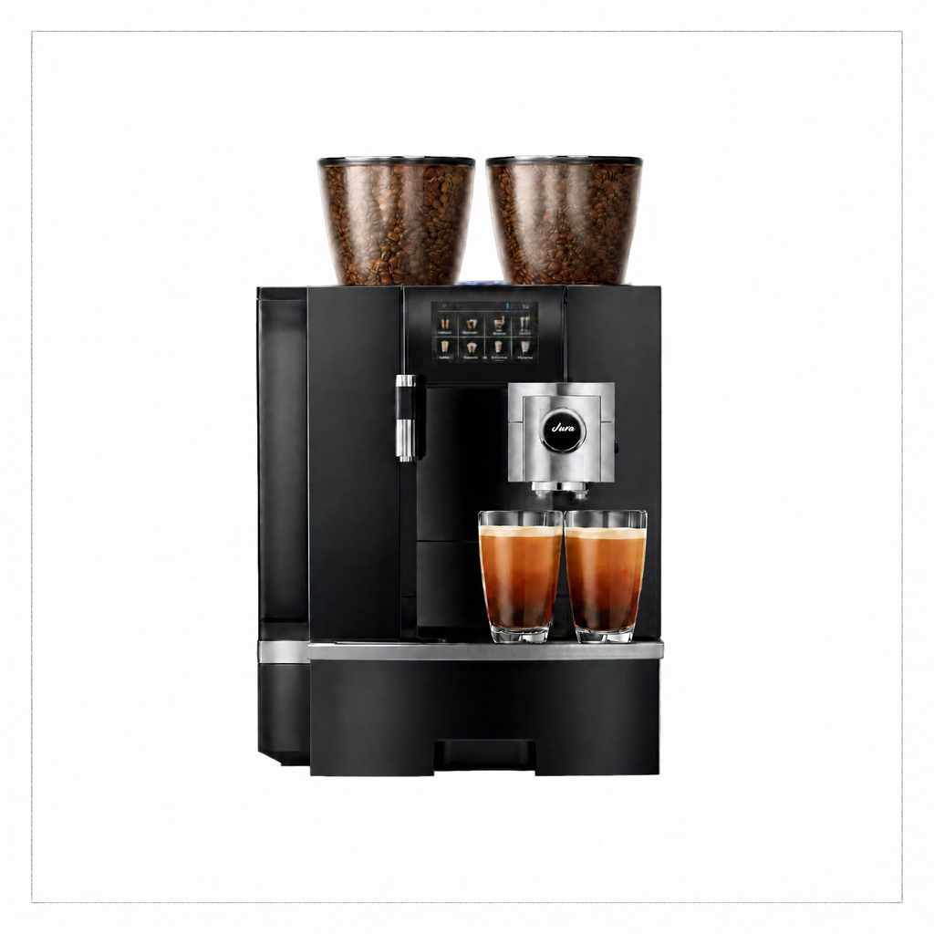 A black Jura commercial espresso machine with two dark brown bean hopper containers on top, a digital control panel, and two glass cups filled with espresso on the front, shown against a plain white background.