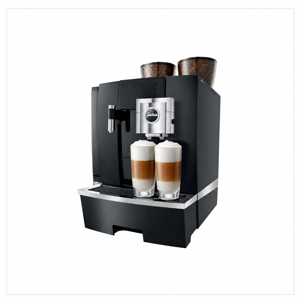 A Jura commercial-style espresso machine in matte black with silver accents, shown on a plain white background with two tall layered coffee drinks placed in front of the spout.