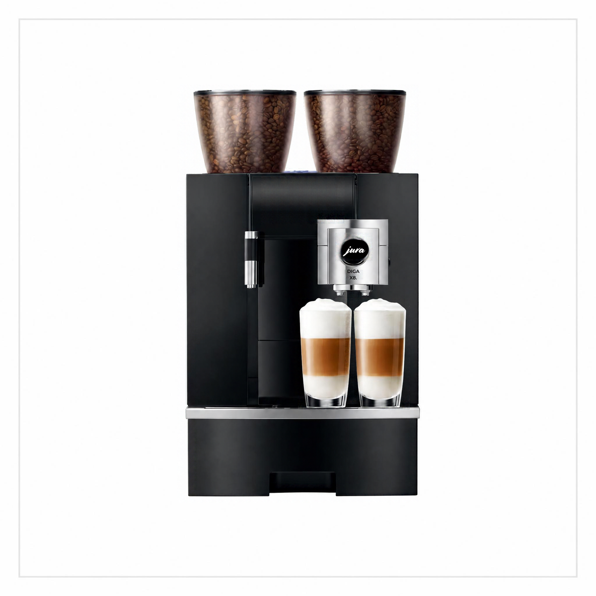 A black Jura Giga 8 coffee machine with two dark brown coffee bean hopper containers on top, shown with two glasses of layered latte macchiato below the dispensing spout, on a plain white background.