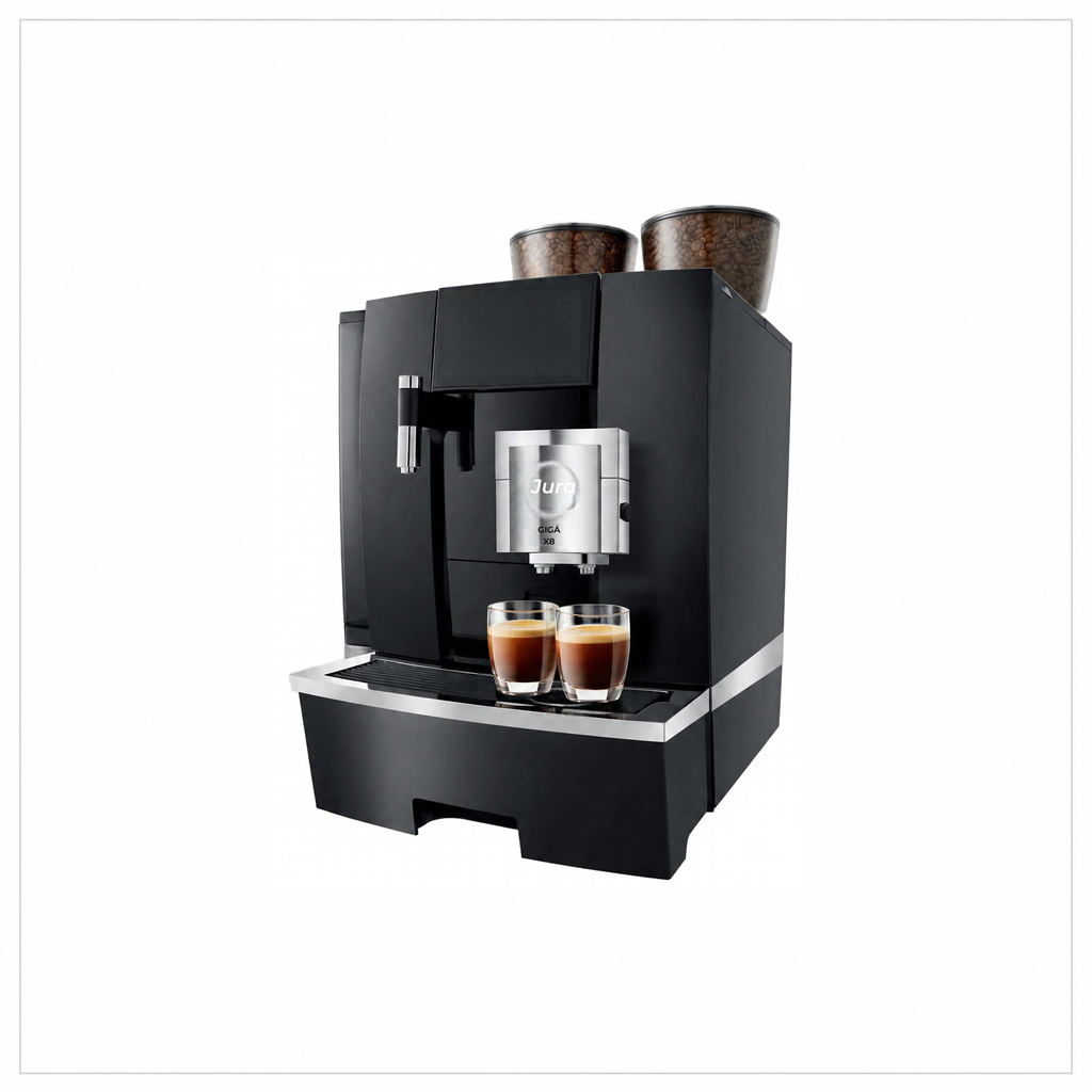 A sleek black and silver espresso machine with two glass cups of espresso on its drip tray, set against a plain white background.