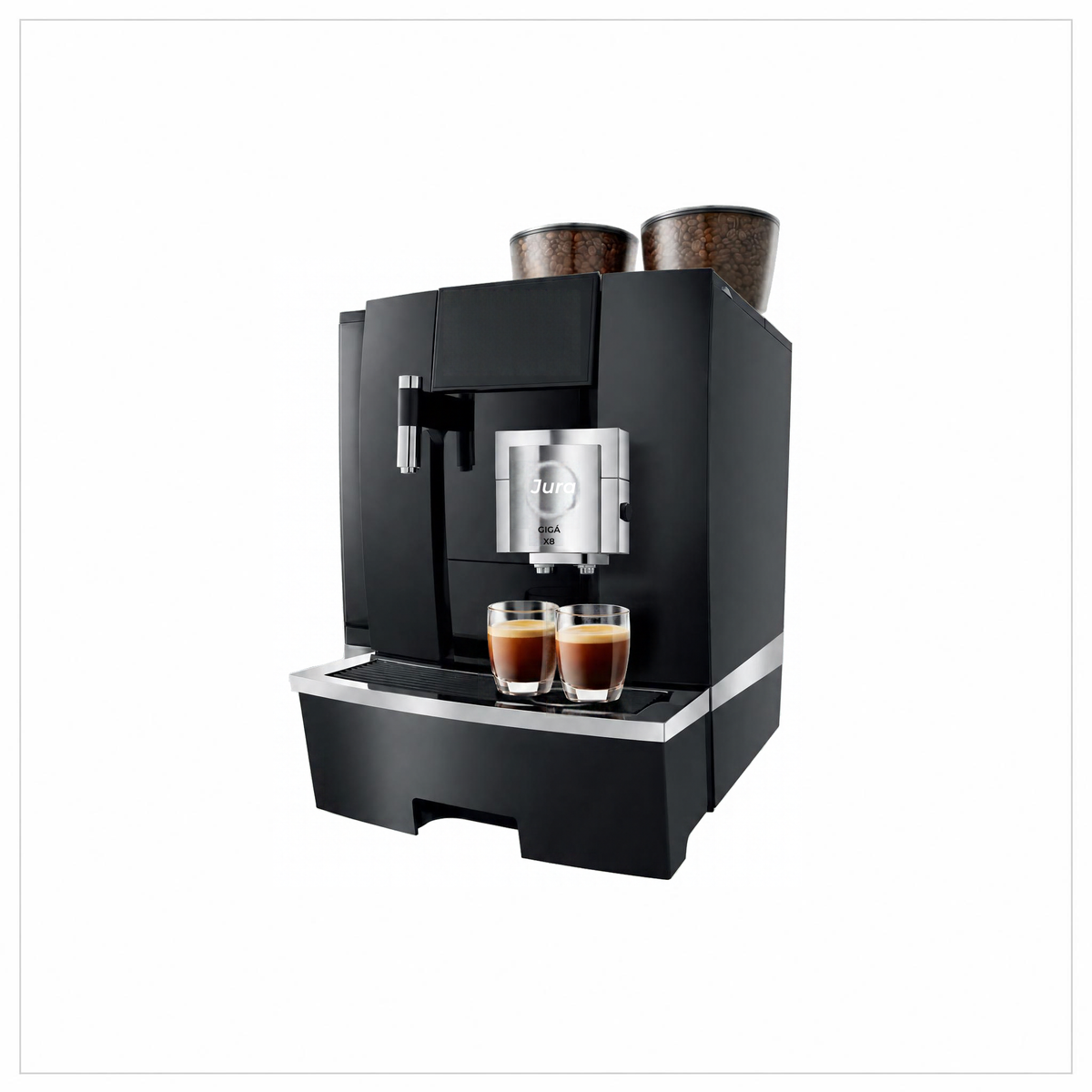 A sleek black and silver espresso machine with two glass cups of espresso on its drip tray, set against a plain white background.