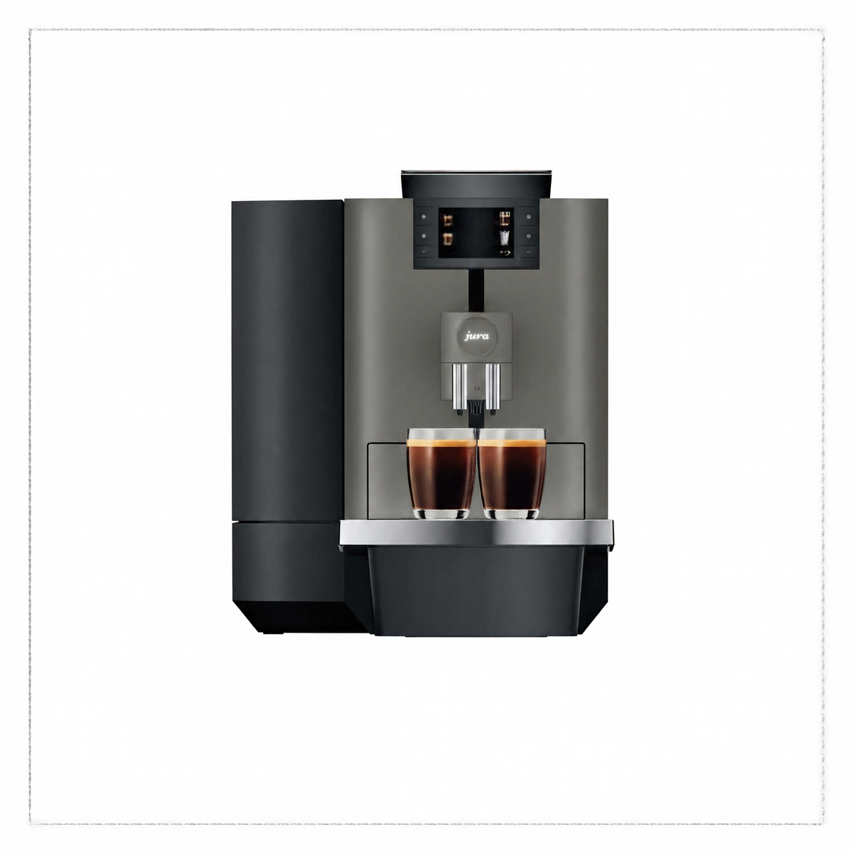 A modern automatic espresso machine in dark gray and black, shown with two freshly brewed espresso cups on its drip tray against a plain white background.