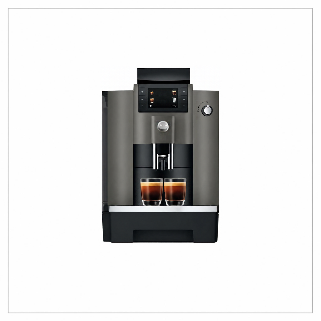 Front view: “JURA W4 Dark Inox coffee machine, front view with two glasses of black coffee on the drip tray.”

