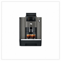 Front view: “JURA W4 Dark Inox coffee machine, front view with two glasses of black coffee on the drip tray.”

