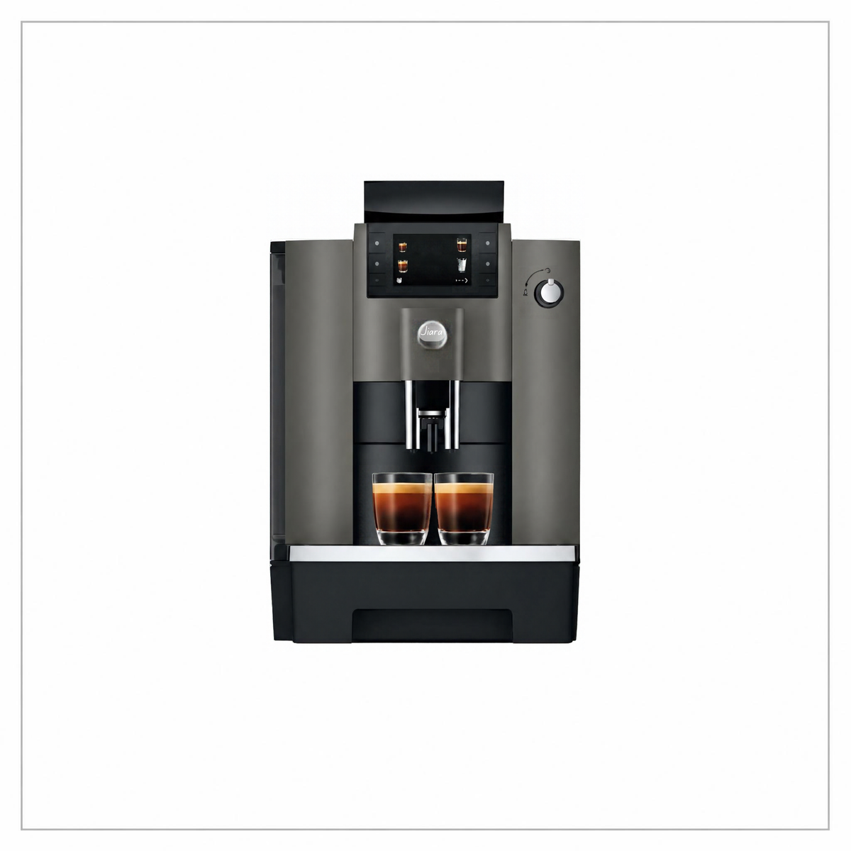 Front view: “JURA W4 Dark Inox coffee machine, front view with two glasses of black coffee on the drip tray.”

