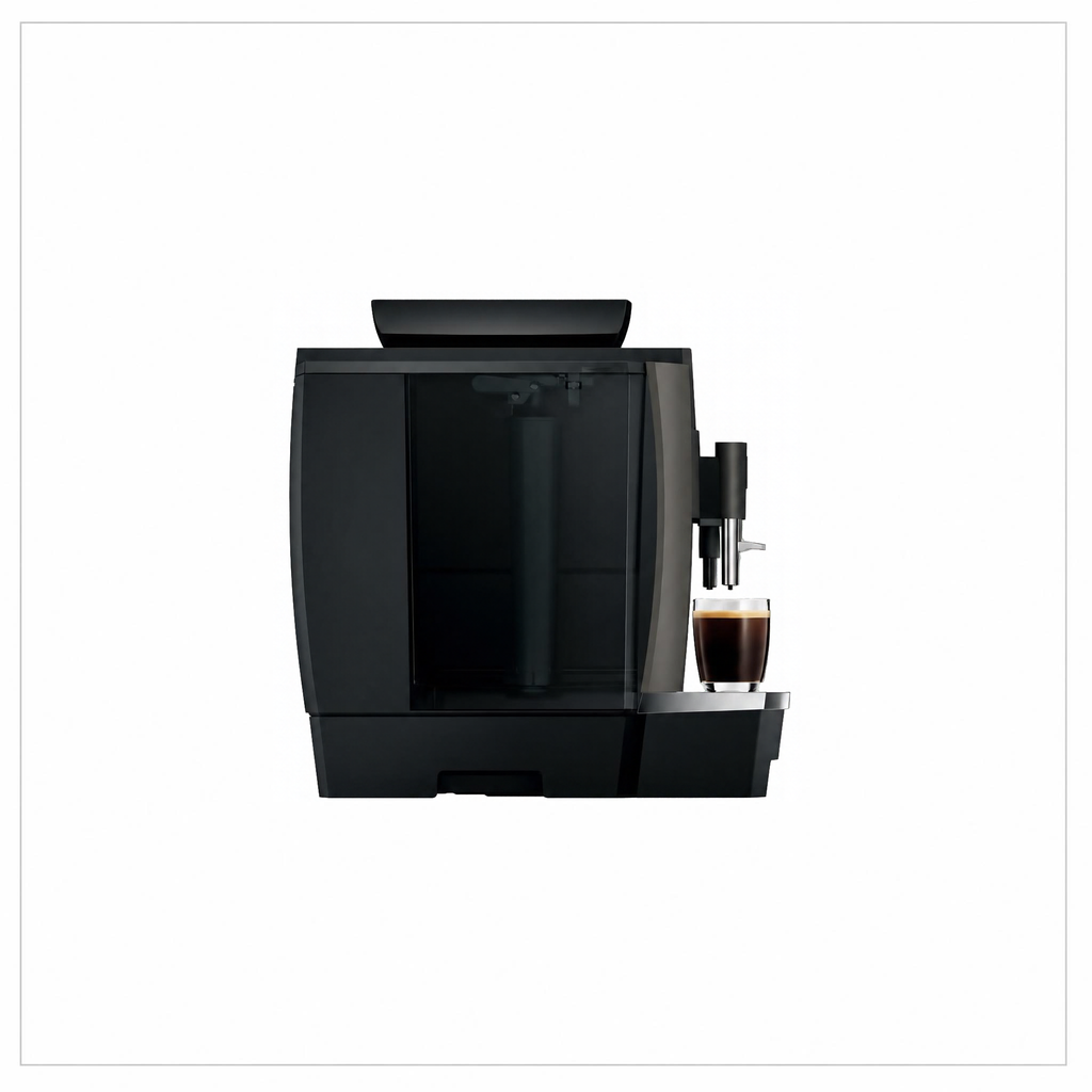 Side view: “JURA W4 Dark Inox coffee machine, side view with a glass of black coffee beneath the spout.”

