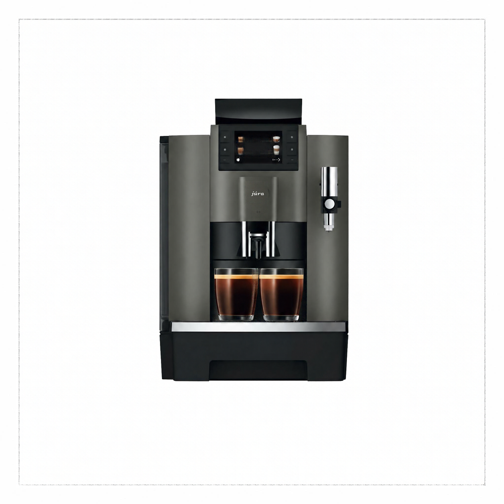 Front view: “JURA W8 Dark Inox coffee machine, front view with two glasses of black coffee on the drip tray.”

