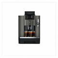 Front view: “JURA W8 Dark Inox coffee machine, front view with two glasses of black coffee on the drip tray.”

