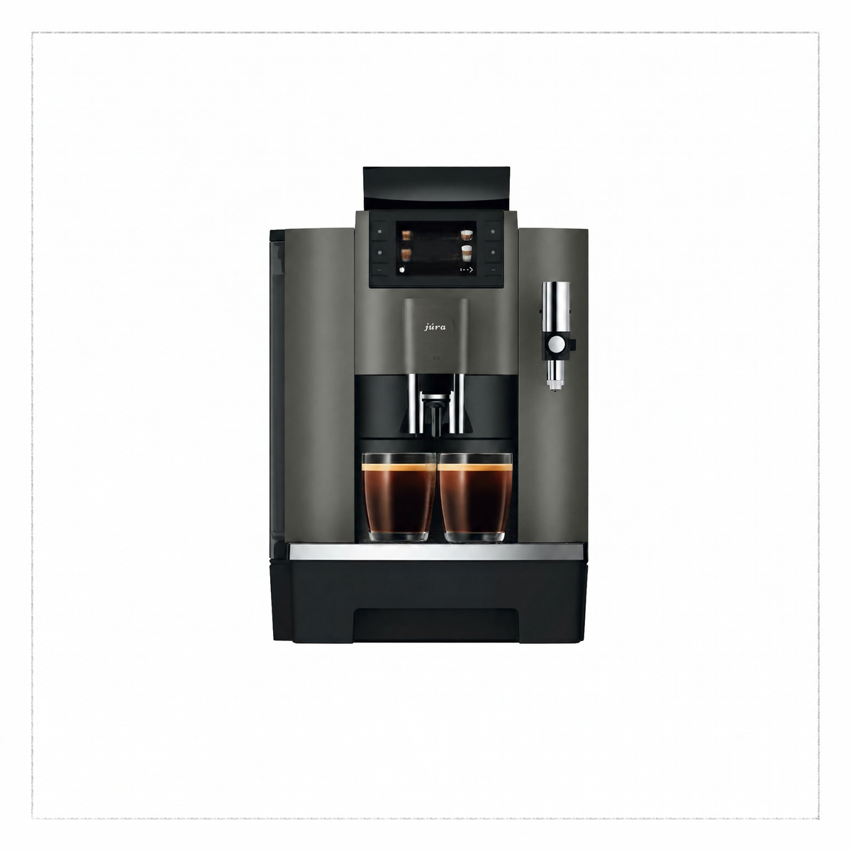 Front view: “JURA W8 Dark Inox coffee machine, front view with two glasses of black coffee on the drip tray.”


