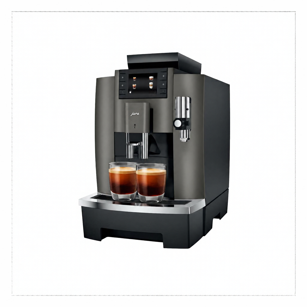 Angled view: “JURA W8 Dark Inox coffee machine, angled front view showing the milk spout and two glasses of black coffee.”

