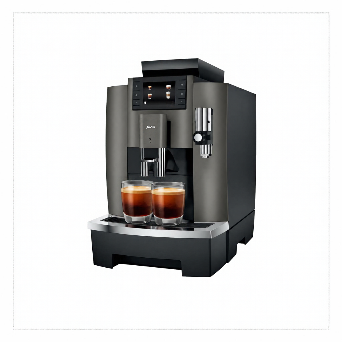 Angled view: “JURA W8 Dark Inox coffee machine, angled front view showing the milk spout and two glasses of black coffee.”

